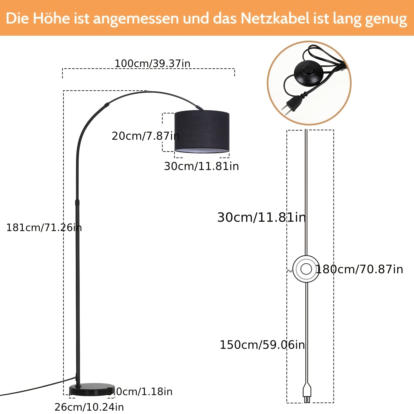 Arc Floor Lamp, Fabric Lampshade, Lamp Height 181cm, Diameter 26cm, E27 Socket, Power 40 Watts, Wrought Iron Lamp Stand, Suitable For Sofas, Reading Corners, Etc. (bulb Not Included)