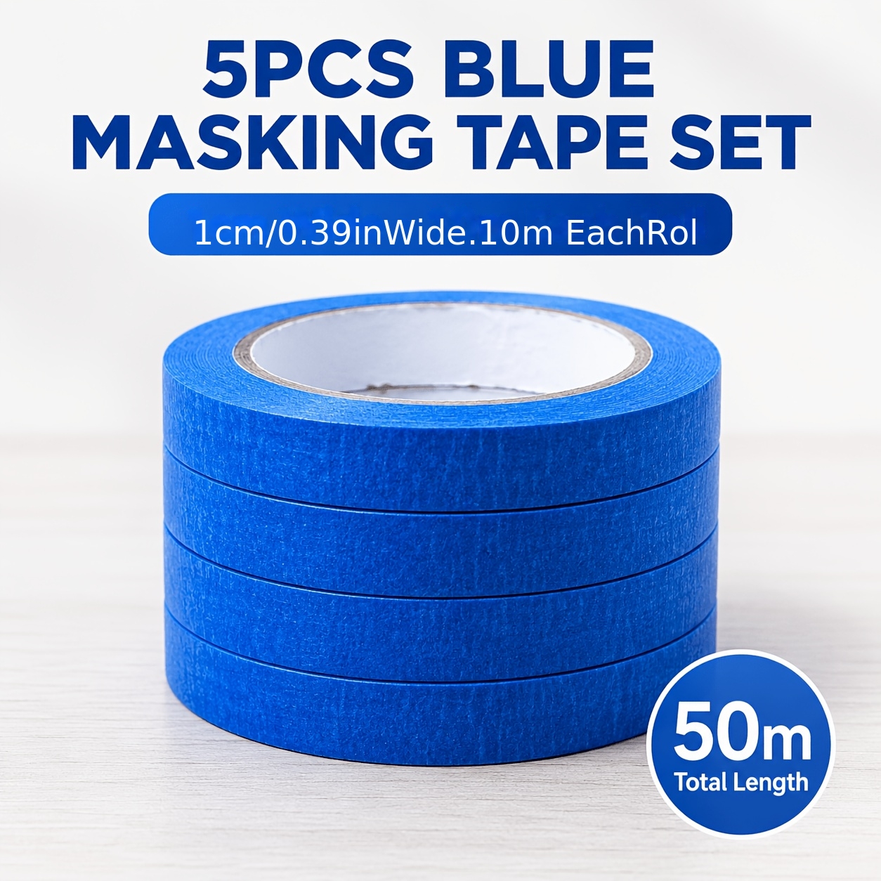 TEMU 5 Rolls Blue Masking Tapes Set, 1cm Wide X 10m Long Per Roll, Total 50m, For Painting Borders, Crafts, School Projects, Temporary Labels, Gift