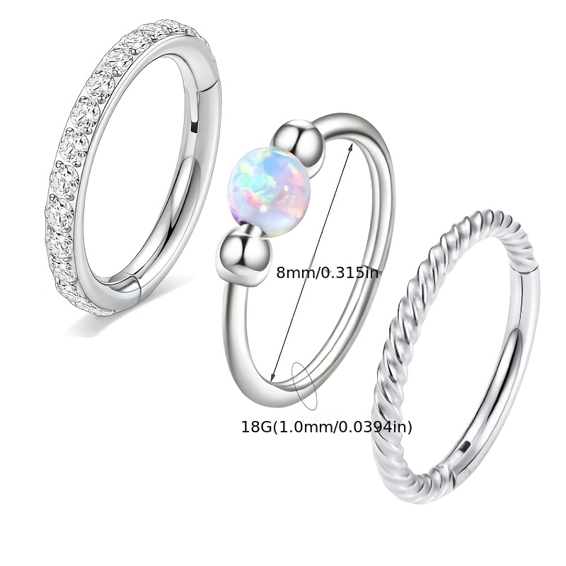 TEMU 3pcs Stainless Steel Nose Ring Set, Suitable For Women, 18g Material, With A Clasp Hinge Design, Suitable For Piercings In Septum, Lips, Ear