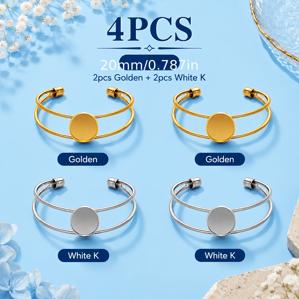 TEMU Juego de 4 pulseras tipo brazalete con biselera y bandeja y dorado K, pulsera de biselera ajustable para cabujón, brazaletes tipo con y bandeja