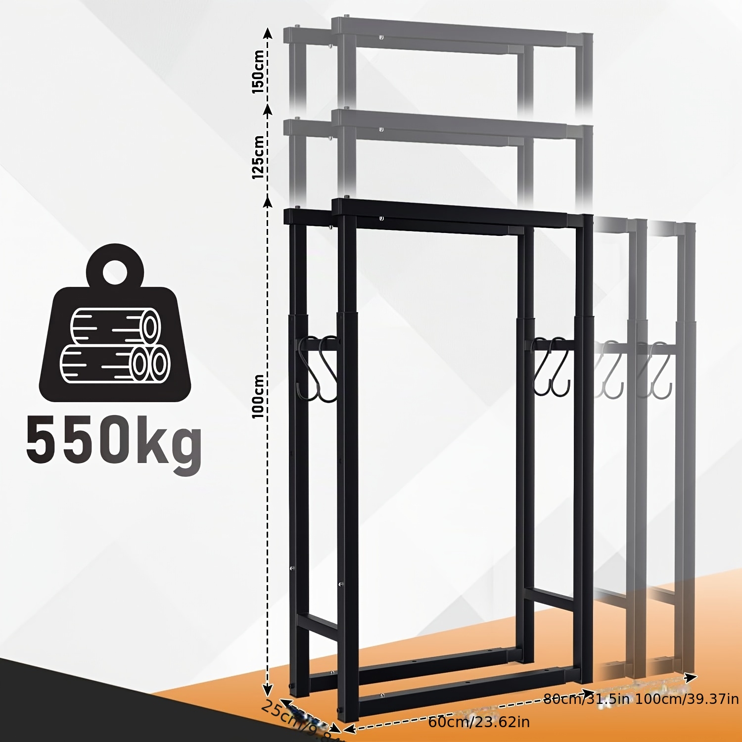 Adjustable Metal Fireplace Log Rack, Adjustable To 9 Different Sizes, Log Rack With 4 Hooks, Designed For Stacking Logs, Suitable For Indoor And Outdoor Use, Adjustable Length: 60 To 100cm