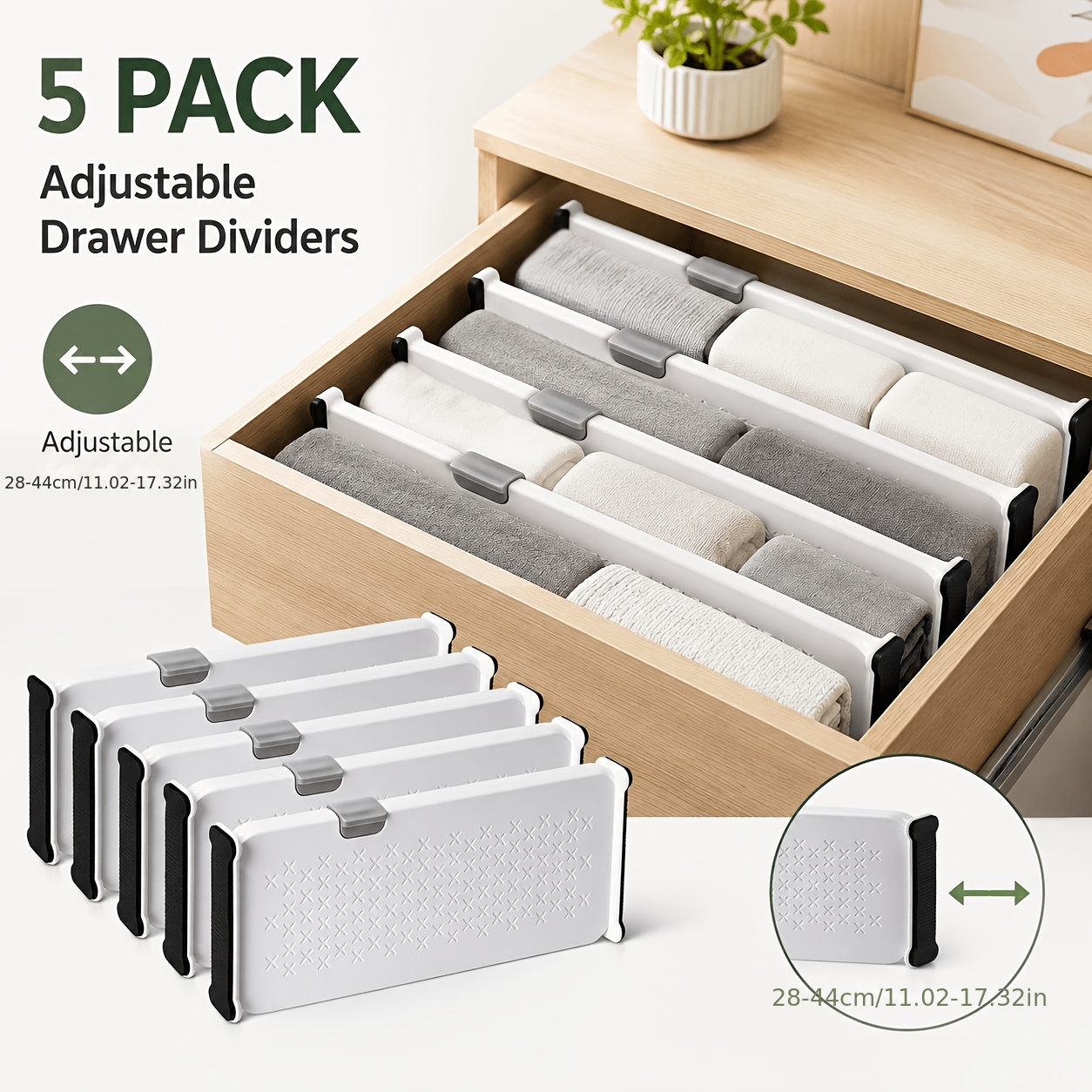 Image of Adjustable Drawer Dividers 5-pack, Expandable Drawer Separators 11.02 To 17.32 Inches, Plastic Drawer Organizer For Bedroom Closet Kitchen Storage