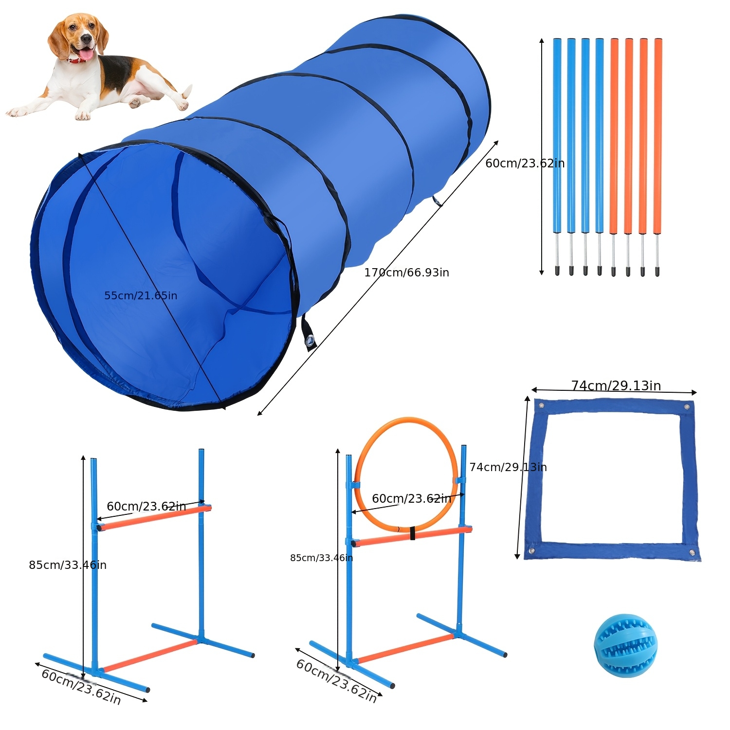 TEMU 12-in-1 Professional Large Dog Agility Training Set With Adjustable Obstacles, Tunnel, Hurdles, Jump Bars, Slalom Poles, Ball & Whistle -