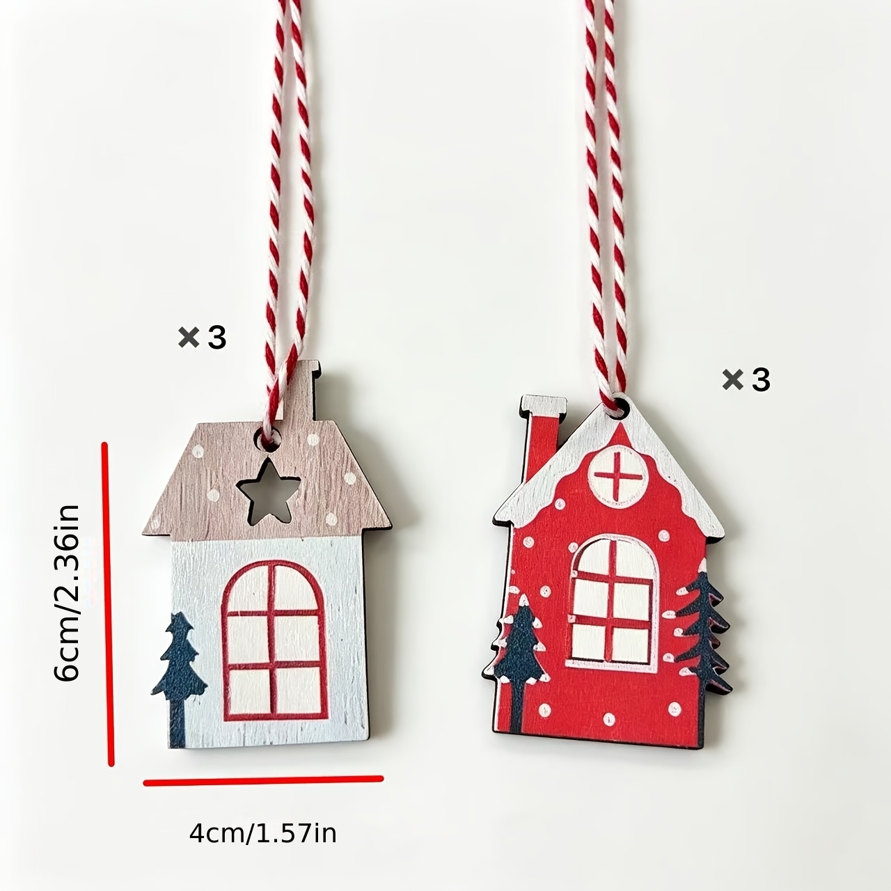 TEMU Wooden House Christmas Ornaments 6pcs, 4x6cm Thin With Star Cutout Windows & Red White Twist Rope
