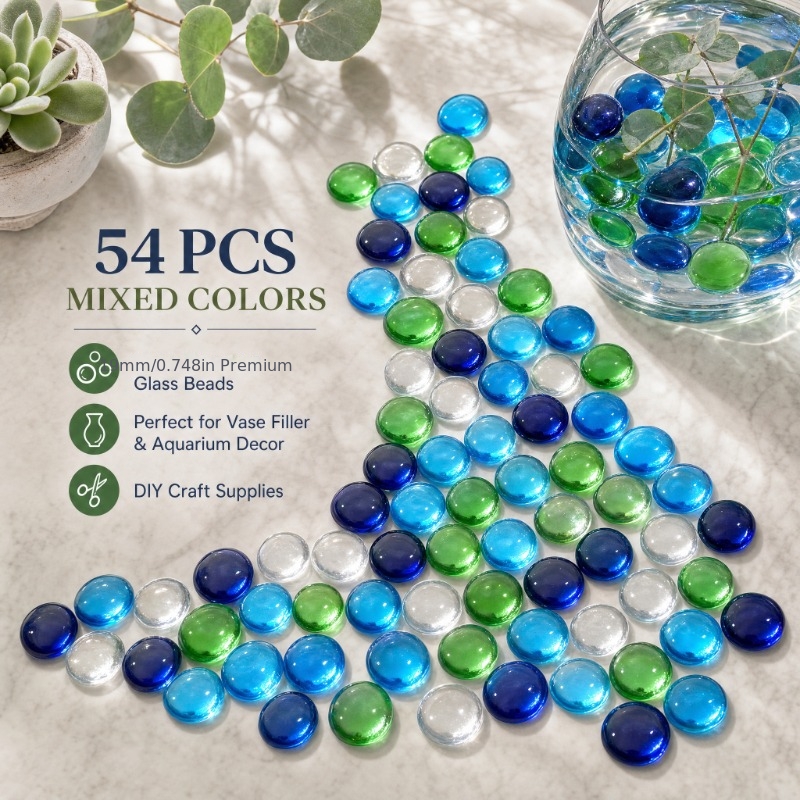 TEMU 54 Transparent Colored Glass Flat Beads Of 19mm Size. Decorative Glass Beads, Handmade Style Additions, Suitable For Party Gifts, Event Small