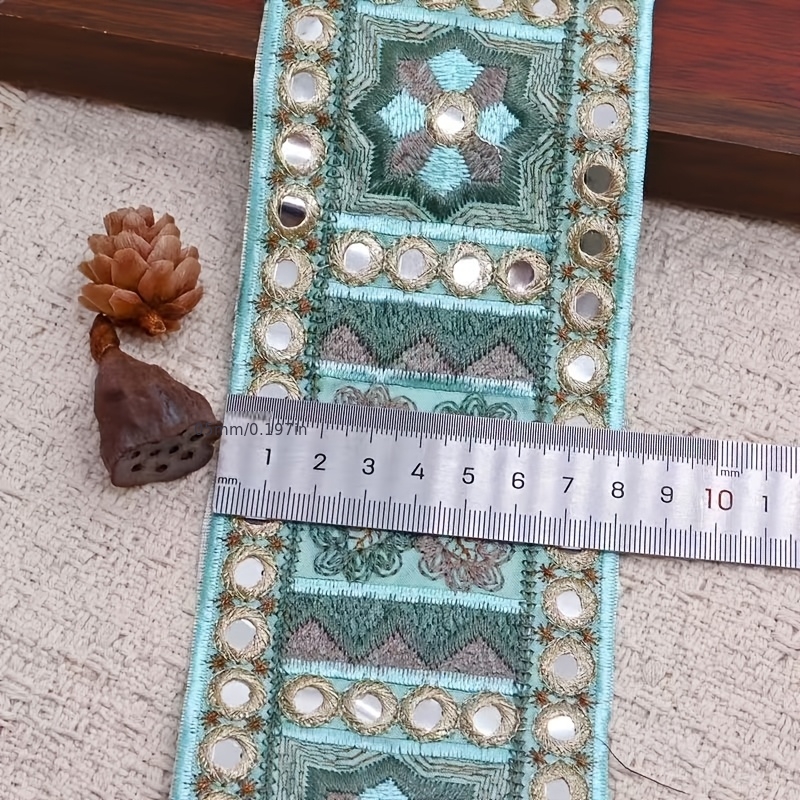 TEMU Encaje con bordado de espejo bohemio, cinta étnica floral india Kutchi, cinta de tela ancha vintage de lentejuelas de espejo para decoración de