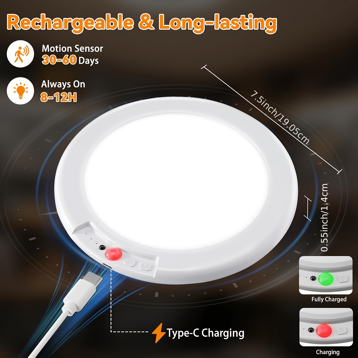 TEMU Rechargeable Induction Ceiling Light With Remote Control, Wireless Battery-powered Ceiling Light, No Wiring Required, Magnetic Dimmable Bathroom