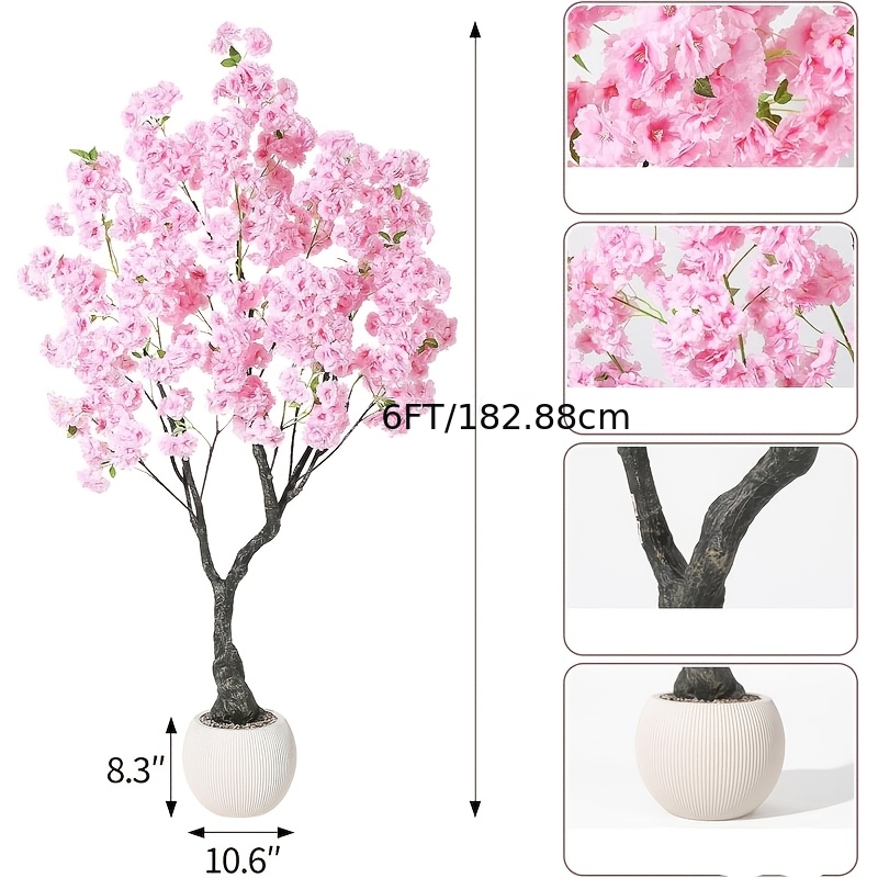 TEMU Pink Artificial Cherry Tree, Fake Tree With Realistic Trunk & Pink Flowers, Faux Plant For Home Indoor Outdoor Porch Decor