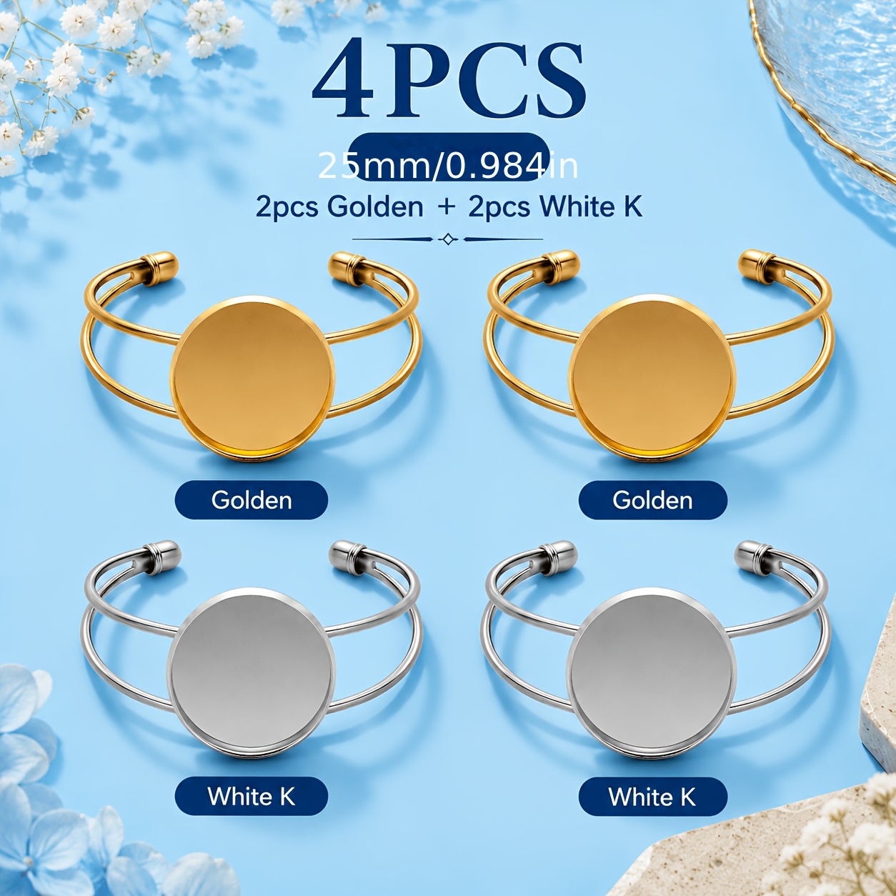 TEMU 4pcs Golden And White K Blank Bezel Tray Bangle, Adjustable Cabochon Bezel Bracelet, Round 20mm&25mm Tray Blank Dome Cuff Bangles, Suitable For