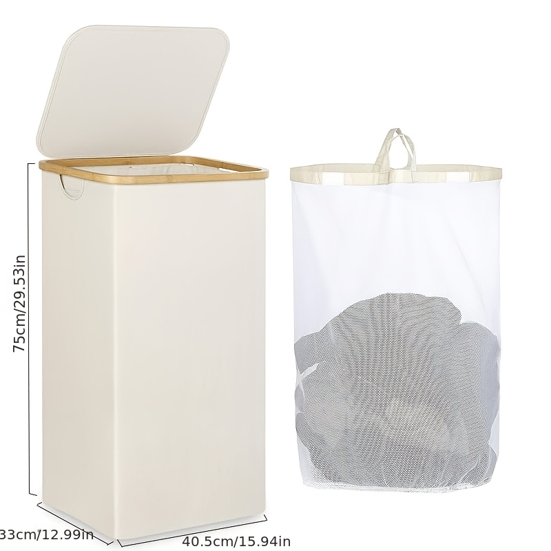 TEMU 110 Liter Laundry Basket With Lid, Clothes Collection Mesh Bag With Bamboo Handle And 1 Detachable Bag, Large Foldable Laundry Basket Suitable