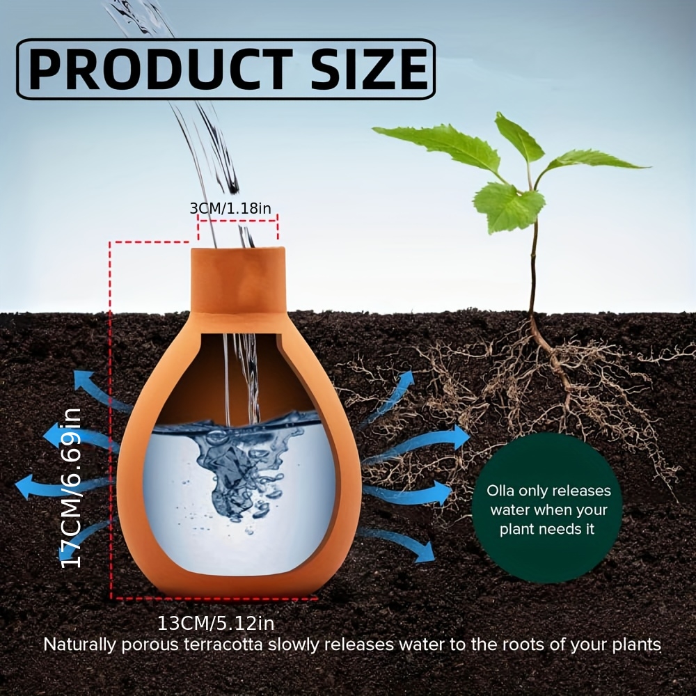 TEMU 1pc Terracotta Watering Pot Large With Lid, Automatic Ceramic Clay Watering Spikes, Self Watering Globes For 2-week Easy To Refill, Ideal For ,