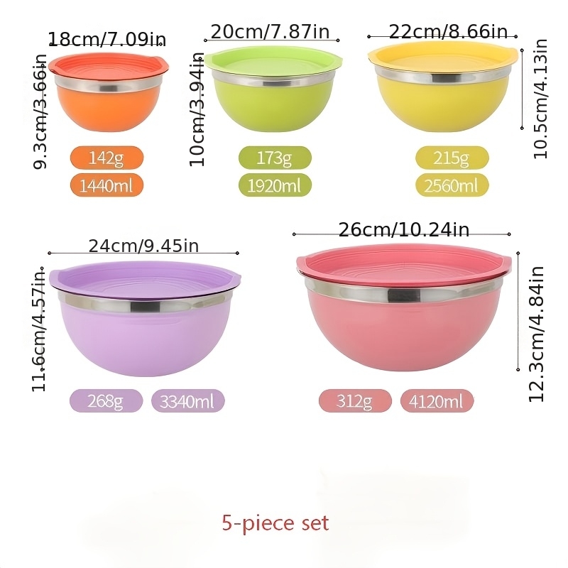TEMU 5pcs Color Large Stainless Steel Mixing Basin, Scratch Resistant, Salad Bowl, Cream Egg Beater, Egg Beater, Basin, Baking Basin, Vegetable Wash