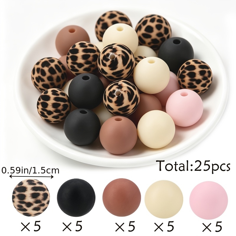 TEMU 25pcs 15mm Print Round Bead Set, Mixed Silicone Loose Beads For Diy Handmade Necklaces, Plastic Beads Suitable For Keychains, Bag Chains, Phone