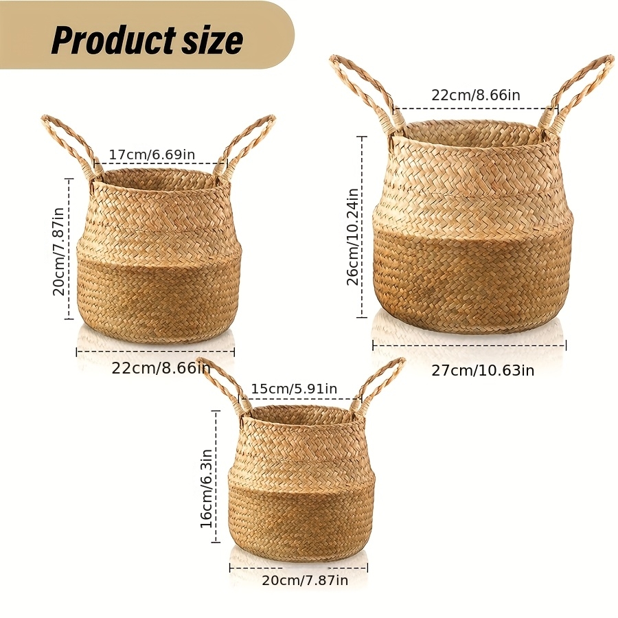 3 cestas de almacenamiento de hierba marina | Soportes vintage tejidos para macetas con asas para picnic, supermercado, lavandería, cestas para estantes