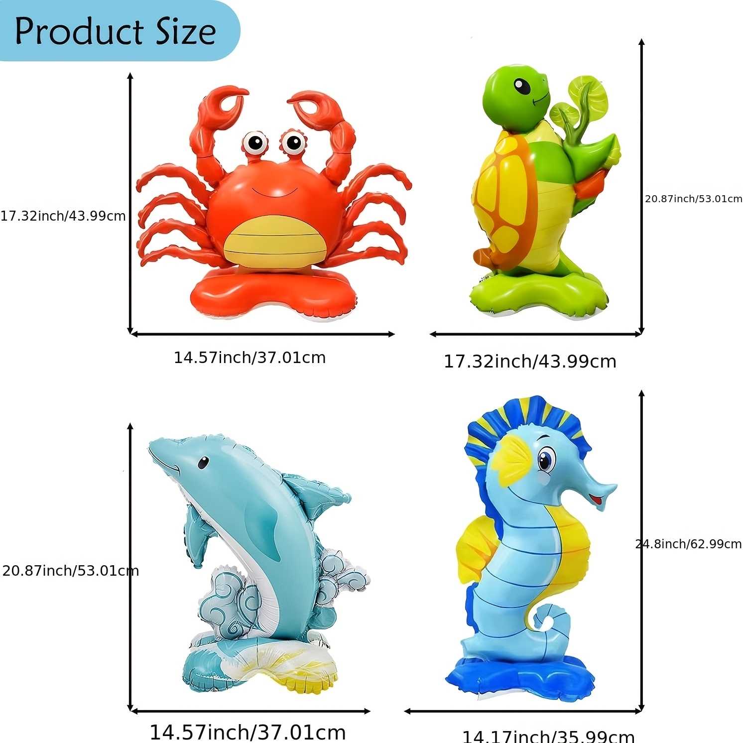 Image of 4pcs Ocean Animal Balloons - Standing Turtle Seahorse Dolphin Shark Crab Lobster Sea Lion Foil Balloons For Under The Sea Themed Party Decorations