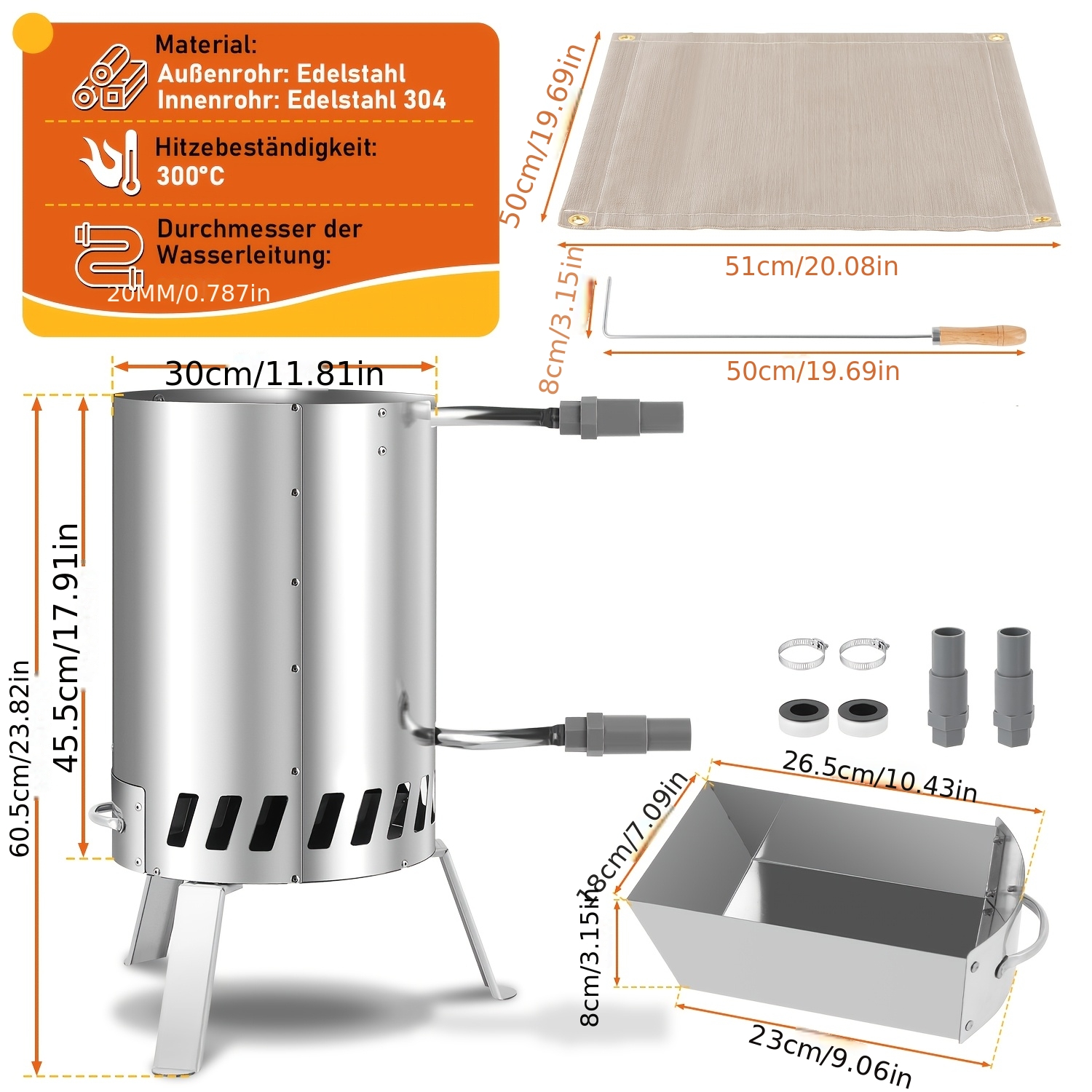 Firewood Pool Heater, Pool Heater, Pool Heater , Stainless Steel Pool Heated Fire Bucket With 32/38 Mm Connections