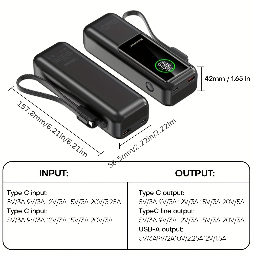 E-shop Power Bank, 100W Super-Schnellladung Tragbarer Akku mit Dual-Ports & Integriertem Kabel, 20000mAh Powerbank mit Display, für iPhone 17/16/15