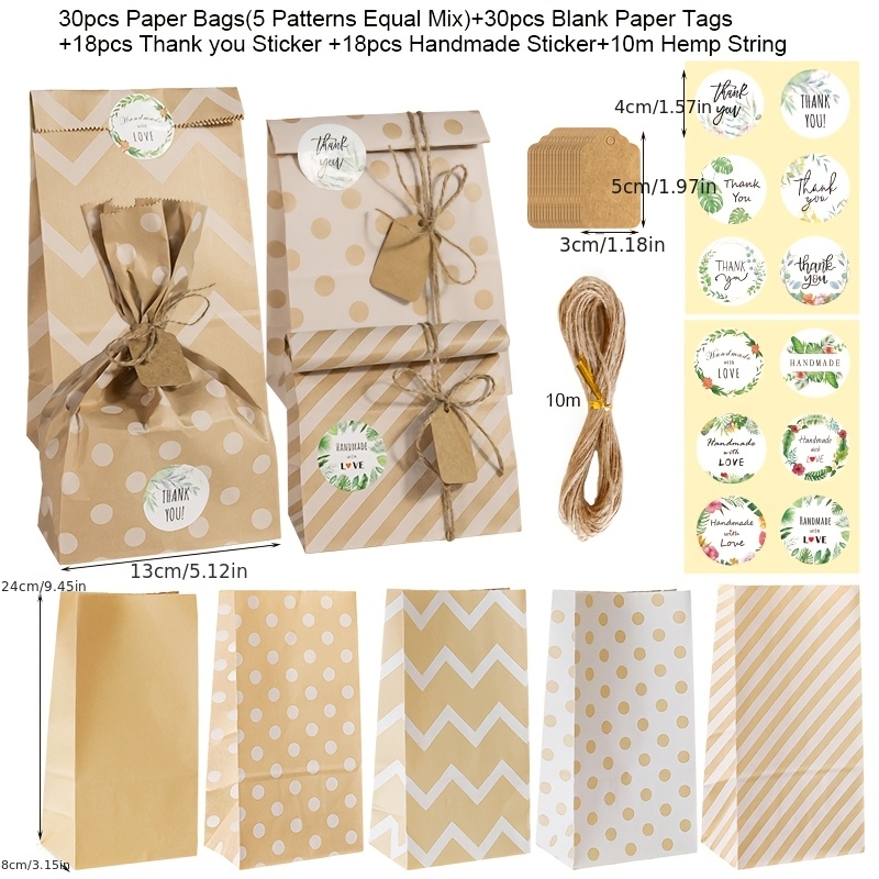 TEMU Lot de 30 sacs cadeaux vintage en papier avec étiquettes autocollantes, sacs à friandises rétro à et à rayures, sacs de de fête pour décoration