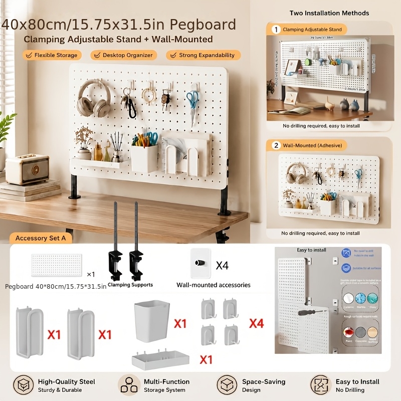 TEMU 32in/80cm Desktop Pegboard Storage Rack, Adjustable Height -one Vertical Stand, Wall-mounted Pegboard, With Storage Additions, No-drilling