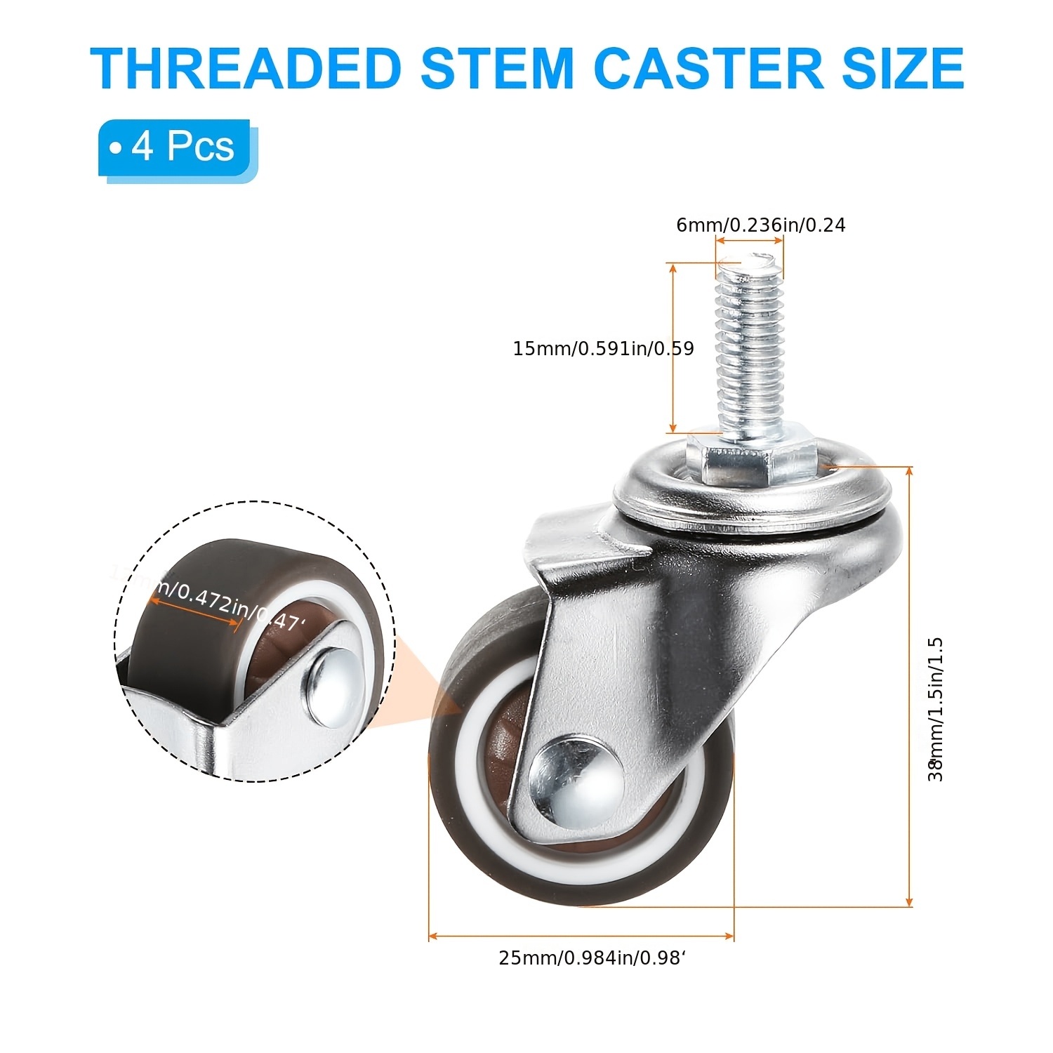 TEMU 4pcs Mini Casters 1 Inch Threaded Rod, Flat Casters With Brake And Screw Rod (m8x20mm) Ball Bearing Silent Tpe Rubber Thin Casters, Used For