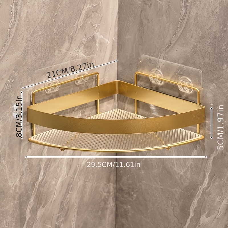 1/2pcs Light Luxury Golden No-drill Bathroom Corner Shelf, Double-layer Wall-mounted Organizer With Hooks, Toiletries Storage Rack, No-drill Bathroom Corner Storage Shelf
