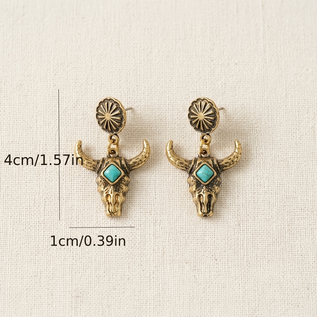 Women's Vintage Bull Skull Stud Earrings with Faux Lapis Lazuli