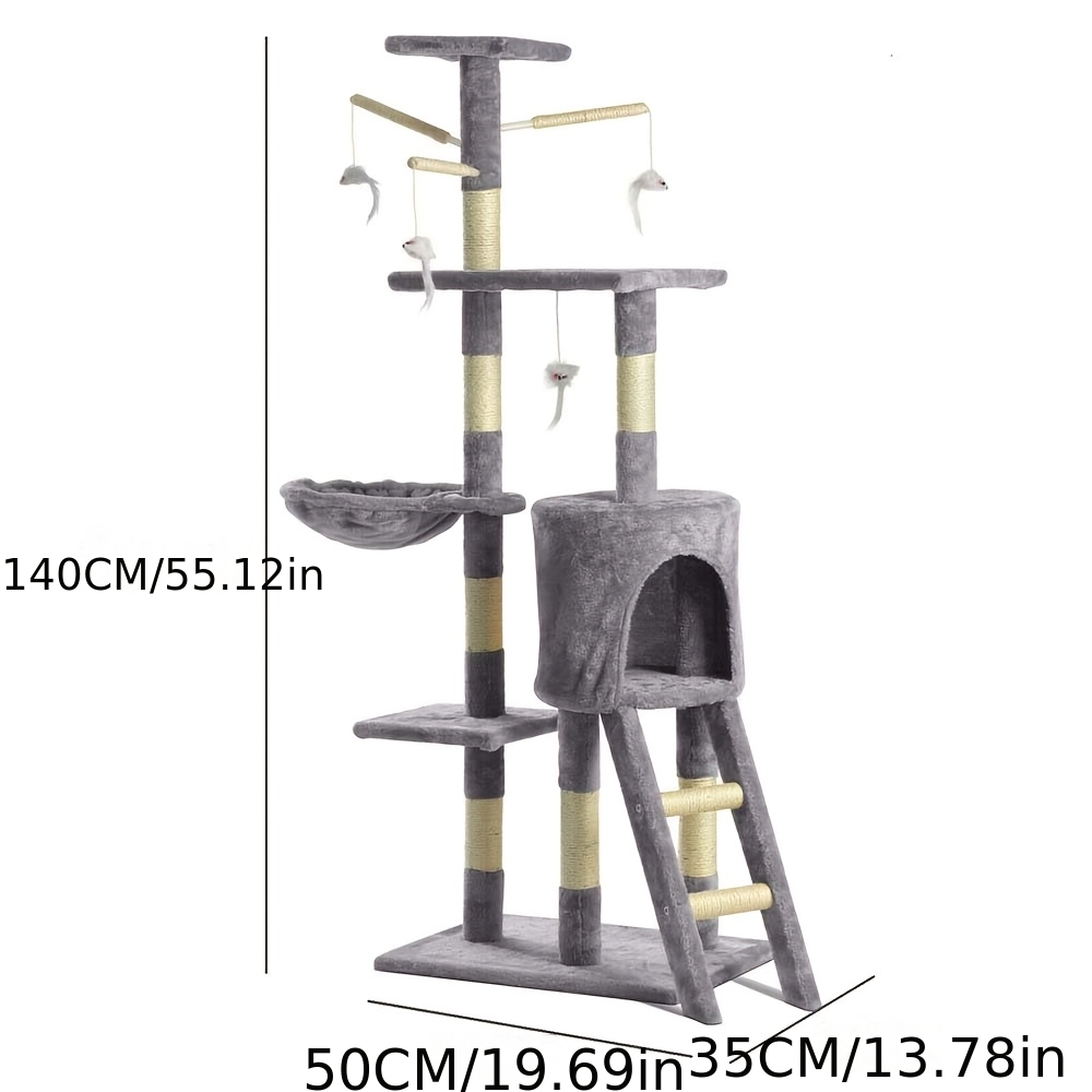 140cm Turn pentru Pisici cu Scară, Turn de Cățărat pentru Pisici, Mobilier de Activitate pentru Animale de Companie, Casă de Joacă, Pat Pufoasă Detașabilă, Gri