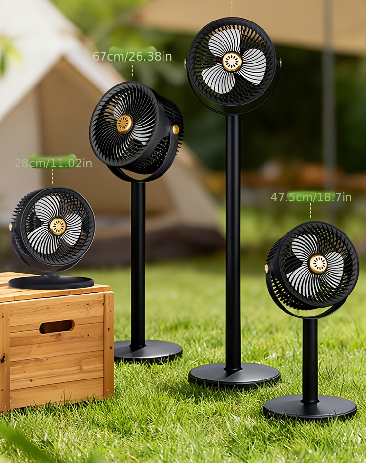 A Easy Outdoor Solar-Powered Floor Fan with a Circulating Function, Featuring Four Height Adjustment Modes, a Type-C Quick Charging Version, a Five-Speed Desktop Fan, a Retractable Electric Floor Fan, an Ultra-Long-Lasting Outdoor Cooling Device