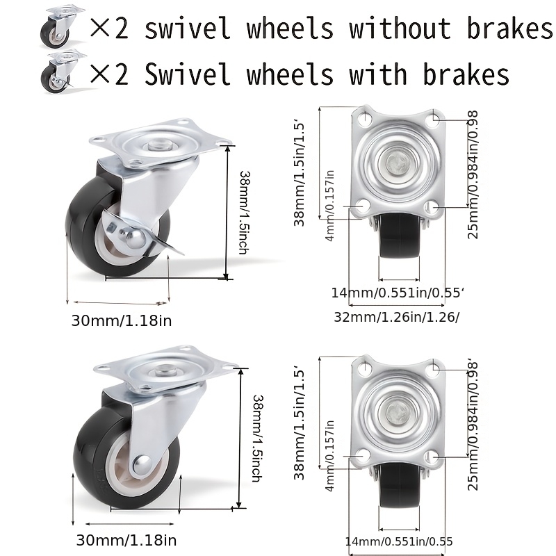 TEMU 4pcs Set Of Sturdy Swivel Casters, With Lock And Brake, Designed For Silent Operation, Equipped With 1.25-inch Wheels (2pcs With Lock And Brake,