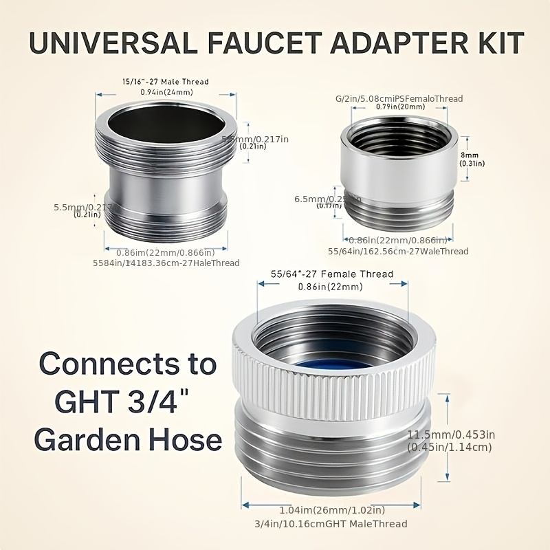 Image of Faucet Adapter With Aerator, Chrome Sink Faucet To Garden Hose Connector, Fits G1/2" Female, 55/64" Female, And 15/16" Male, Connects To 3/4" Ght Garden Hose, With Washers And Ptfe Tape