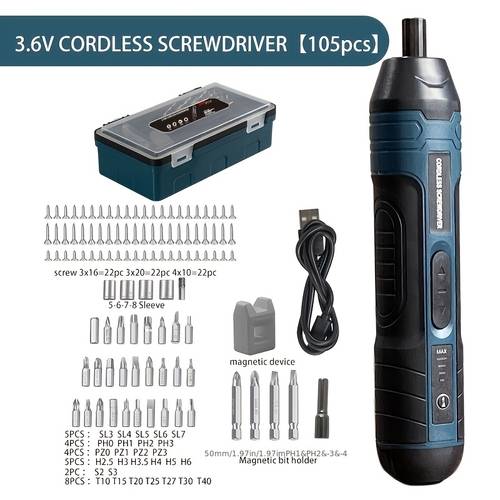 1 takım ayarlanabilir düz saplı 3.6v elektrikli tornavida, lityum pil ile küçük çok fonksiyonlu sökme ve vidalama aleti