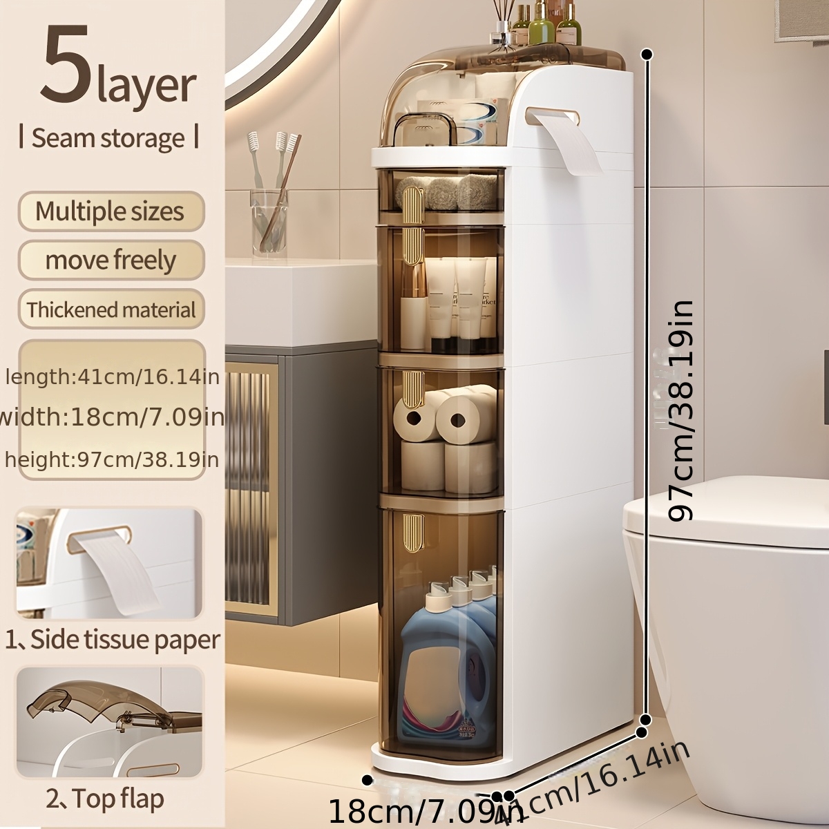 TEMU Miaoli Bathroom Floor Cabinet With Wheels And Tissue Box, Waterproof Narrow Tall Storage Cabinet Organizer With Drawers, Perfect For Small