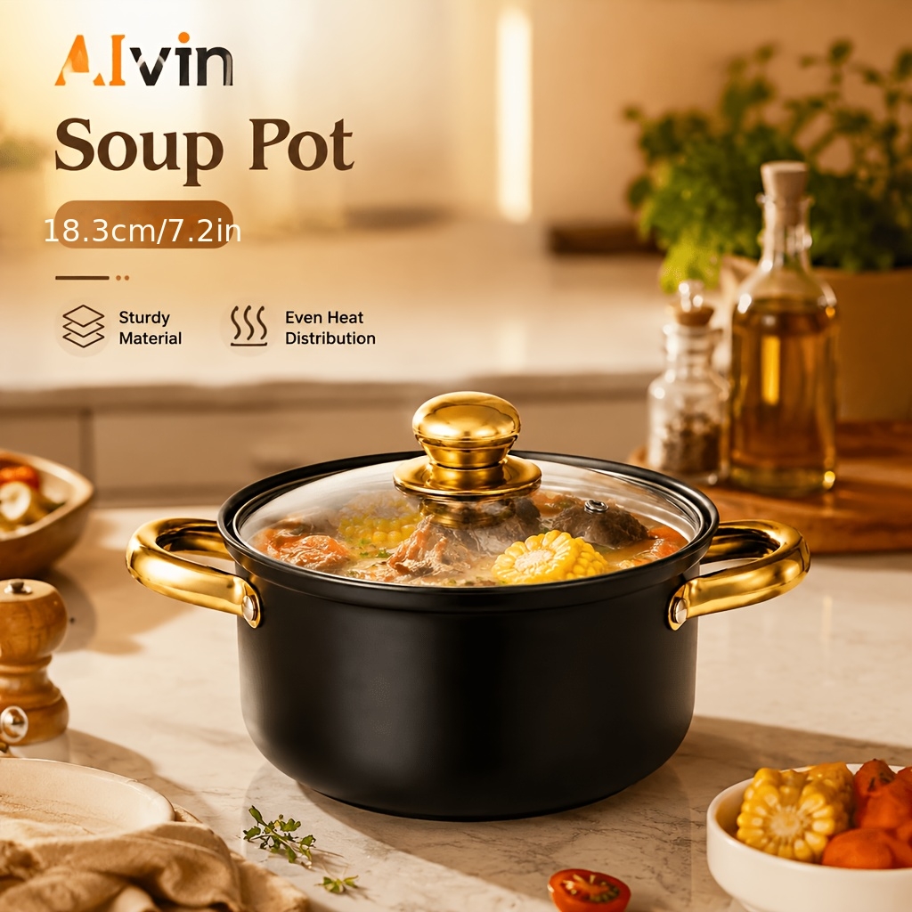 TEMU 18.3cm Black Golden Stainless Steel With Glass Lid, Double-handle Soup Pot, Heat Saucepot, Durable Kitchen Cookware For Soup, Pasta, Stew, Home