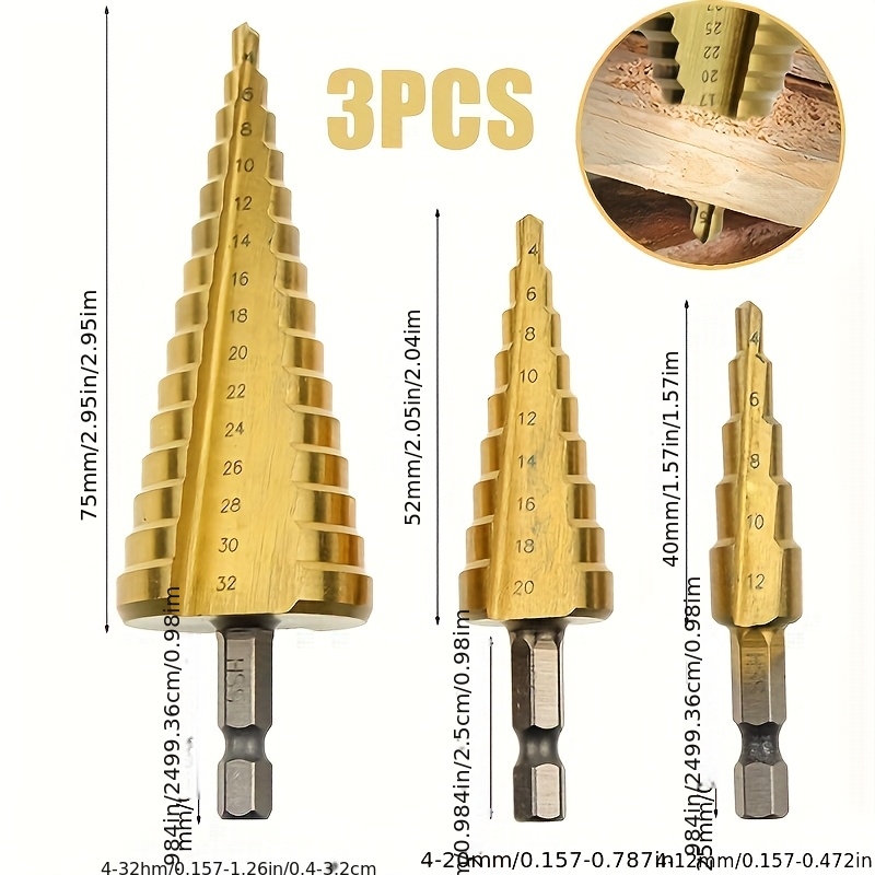 TEMU 3pcs Titanium-coated Hss Step Drill Bit Set - Heavy-duty Golden-tipped Steel Drill Bits With Tapered Cone For Wood & Metal, (17/64", 23/64",