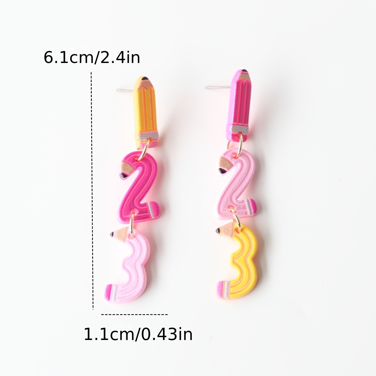 Pink 123 Pencil Earrings, Cute Vintage Gift