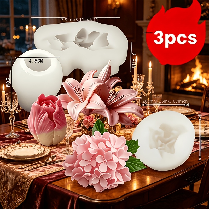 TEMU Resin Molds 3pcs Candle Mold Set Practical Lily And Tulip And Osmanthus Scent Silicone Molds Reusable For Resin For Casting Suitable For Clay