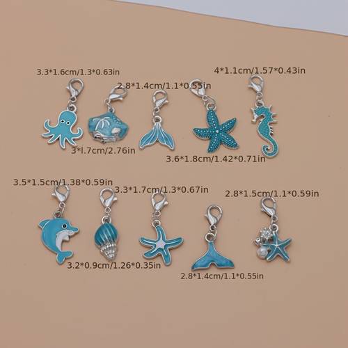 10pcs alloy silvery lobster clasp blue shell seahorse dolphin fish tail octopus conch charms sea pendants for ideal for chains and bag decorations charms for making keychain