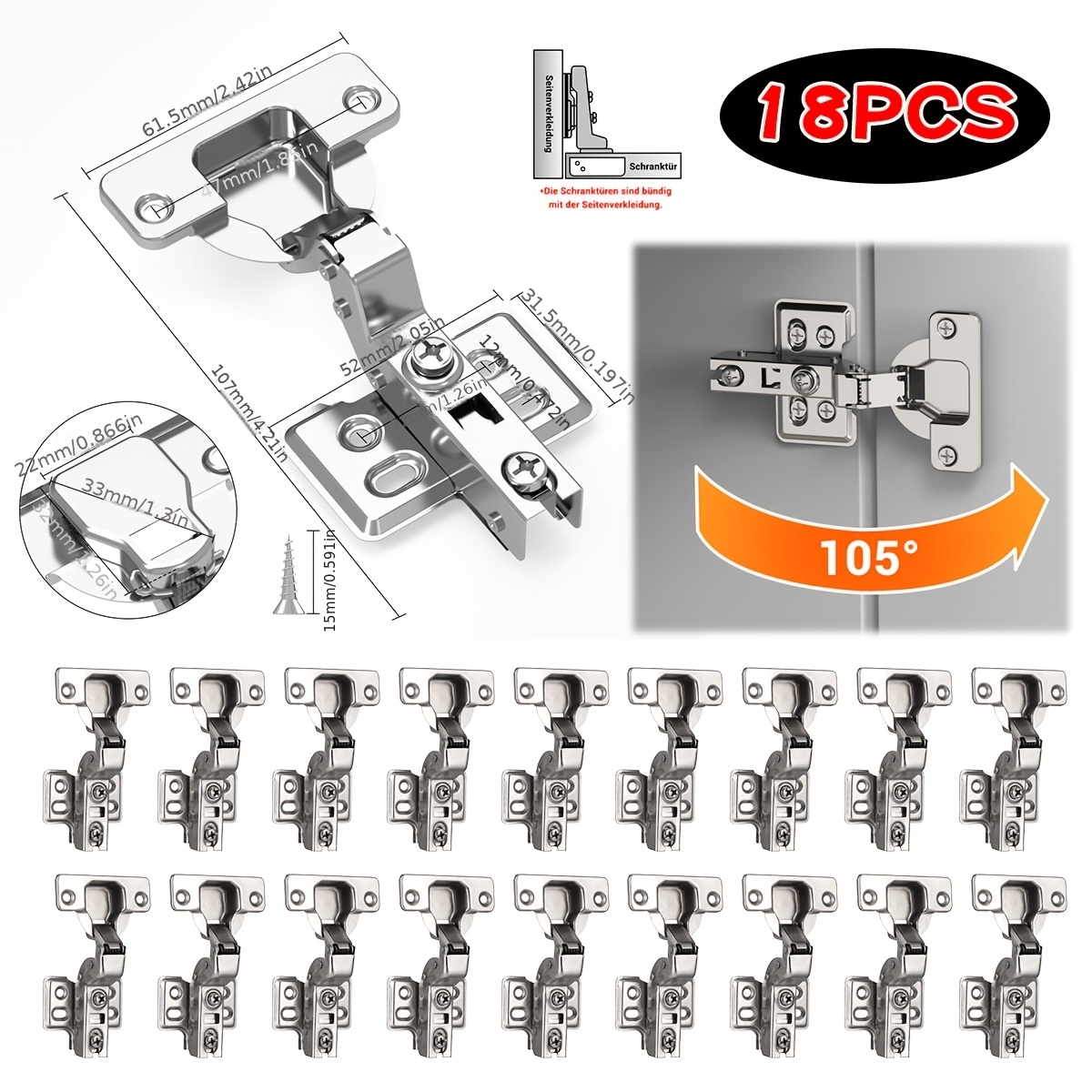 Image of 18pcs Cabinet Hinges With Shock Absorbing Pads - Polished Stainless Steel Door Mount Hinges For Kitchen & Bathroom Cabinets, Contemporary Furniture Hardware, , Cabinet Door Hinges