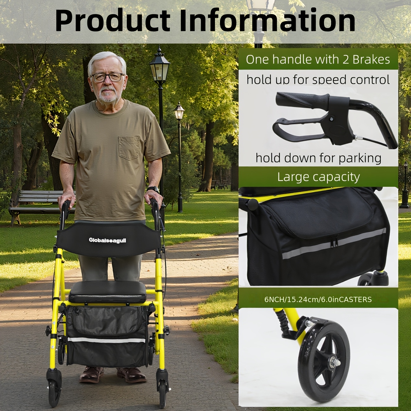 Rollator Walker for Seniors And Adults with Seat, 6-inch Wheels, Capable Of Supporting 158.76 KG, Medical Rolling Walker - Image 5