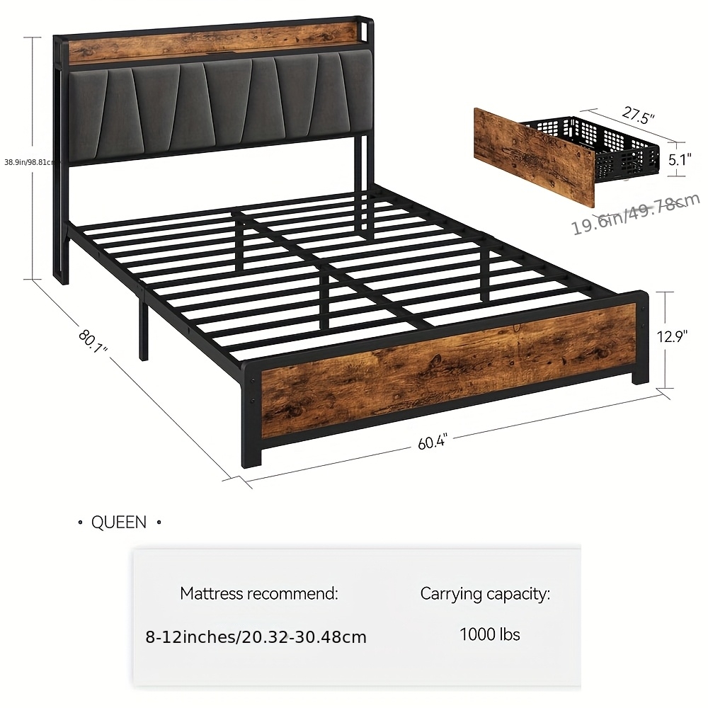 TEMU Cadre de lit Queen Size, Tête de lit avec rangement, Cadre de lit plateforme en métal avec 4 tiroirs de rangement pour chambre, Sommier à lattes