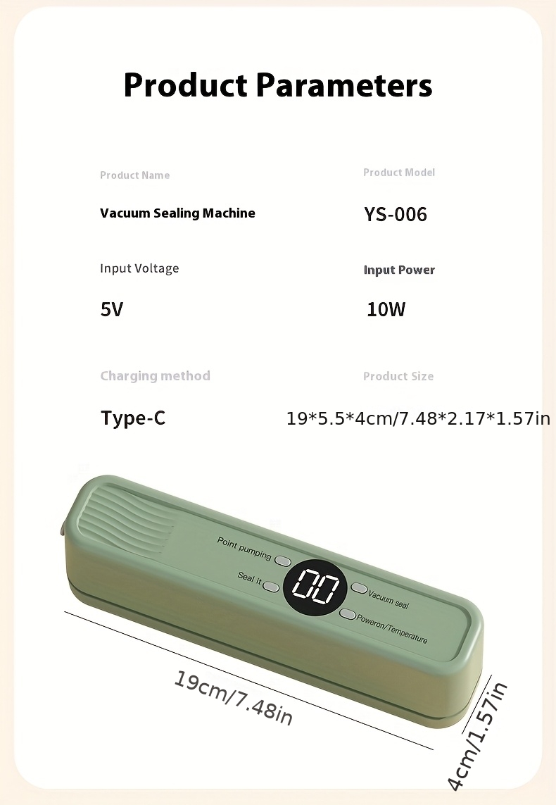 Преносим USB зареждаем вакуумен уред с едно докосване, 1200mAh батерия – ръчен уред за запазване на свежестта на храната, съвместим със смартфони/таблети (USB) за кухня, къмпинг