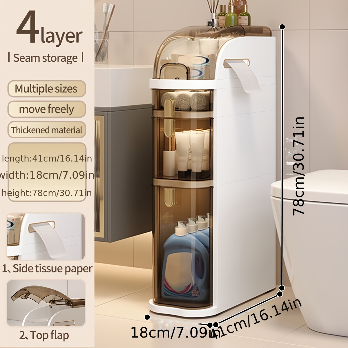 TEMU Miaoli Bathroom Floor Cabinet With Wheels And Tissue Box, Waterproof Narrow Tall Storage Cabinet Organizer With Drawers, Perfect For Small