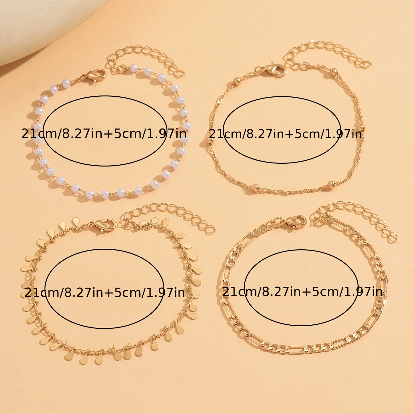 4pc Layered Paperclip Chain & Teardrop Tassel Anklet Set for Women