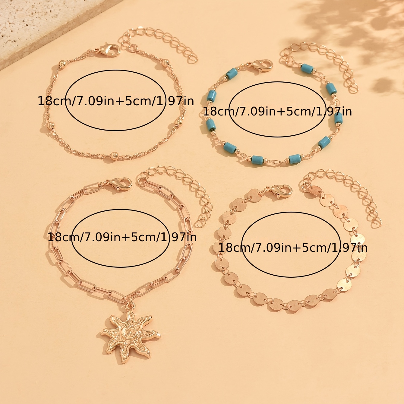4pc Vintage Golden Disc Turquoise Chain Bracelet Set