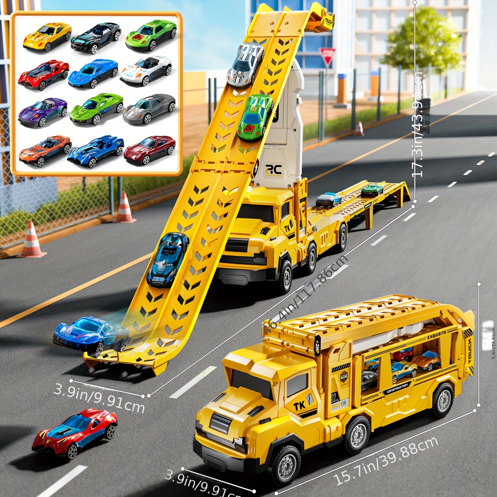 2-in-1 Foldable Car Transport Box For Trucks, Equipped With Race Track, 12 Cast-iron Cars, With Plastic Structure, For Children Aged 3+, Birthday And Holiday Gift. Accessory Colors Are Random.