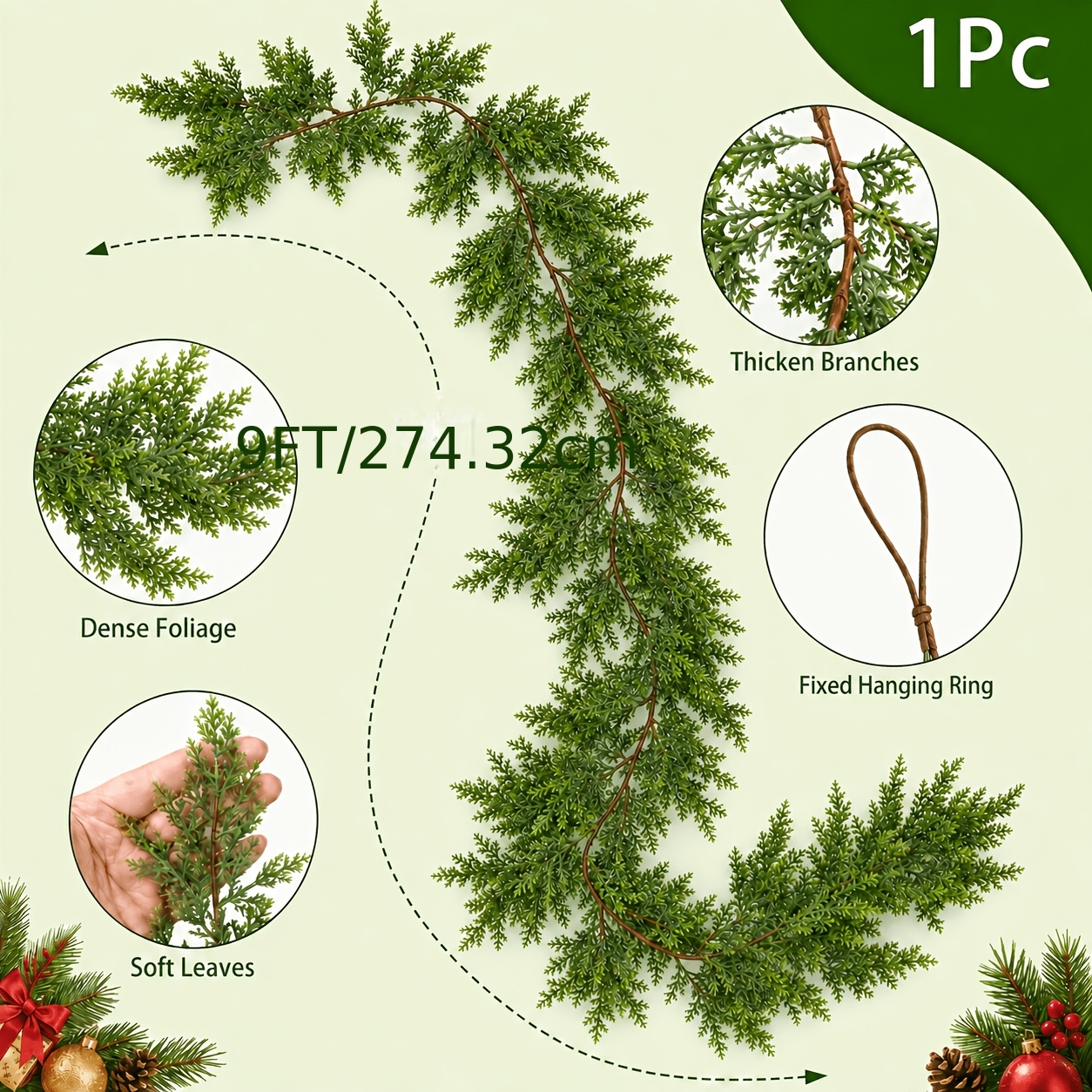 TEMU 185cm Artificial Cedar Garland, Long Faux Evergreen Greenery Vine With Realistic Dense Soft Farmhouse Indoor Holiday Foliage, Maintenance-free
