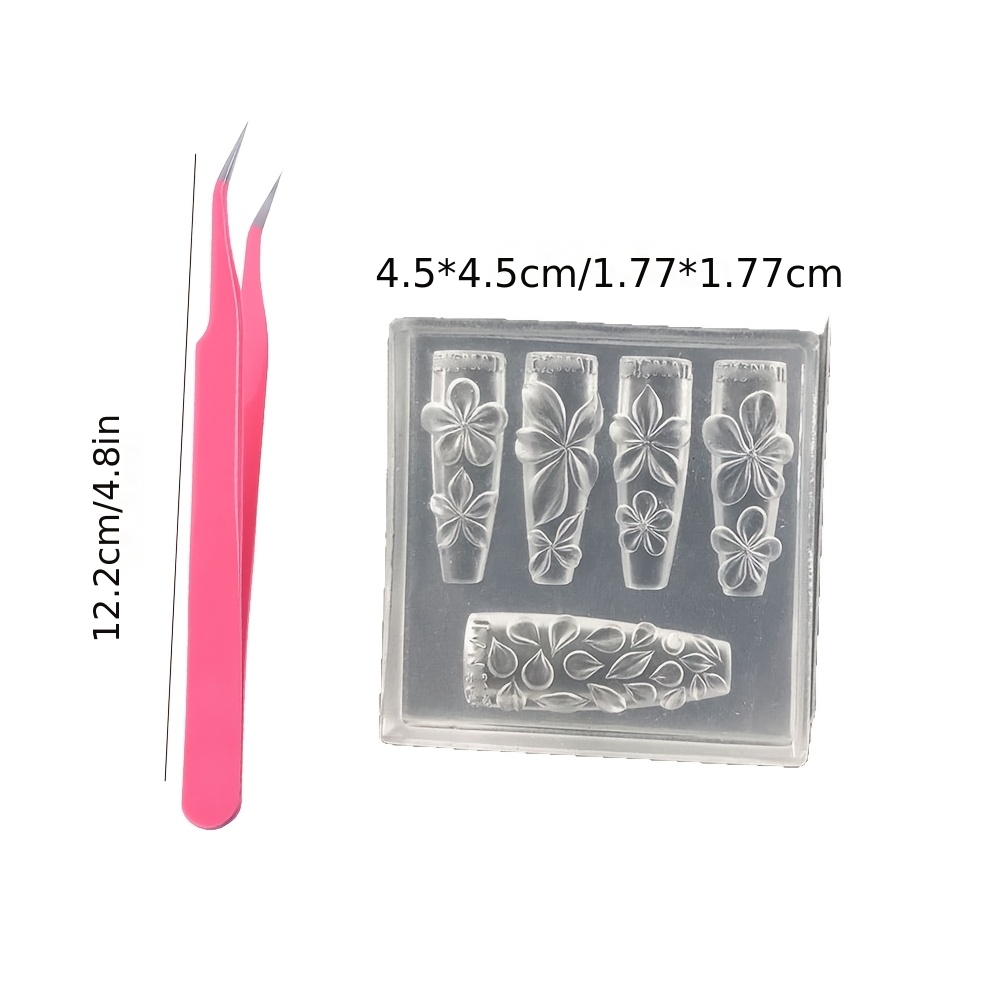 TEMU 2pcs Set: 1 Frangipani Flower Three-dimensional Embossed Ice Translucent Carving Decorative Nail Art Mold With 1 Curved Tip Tweezers