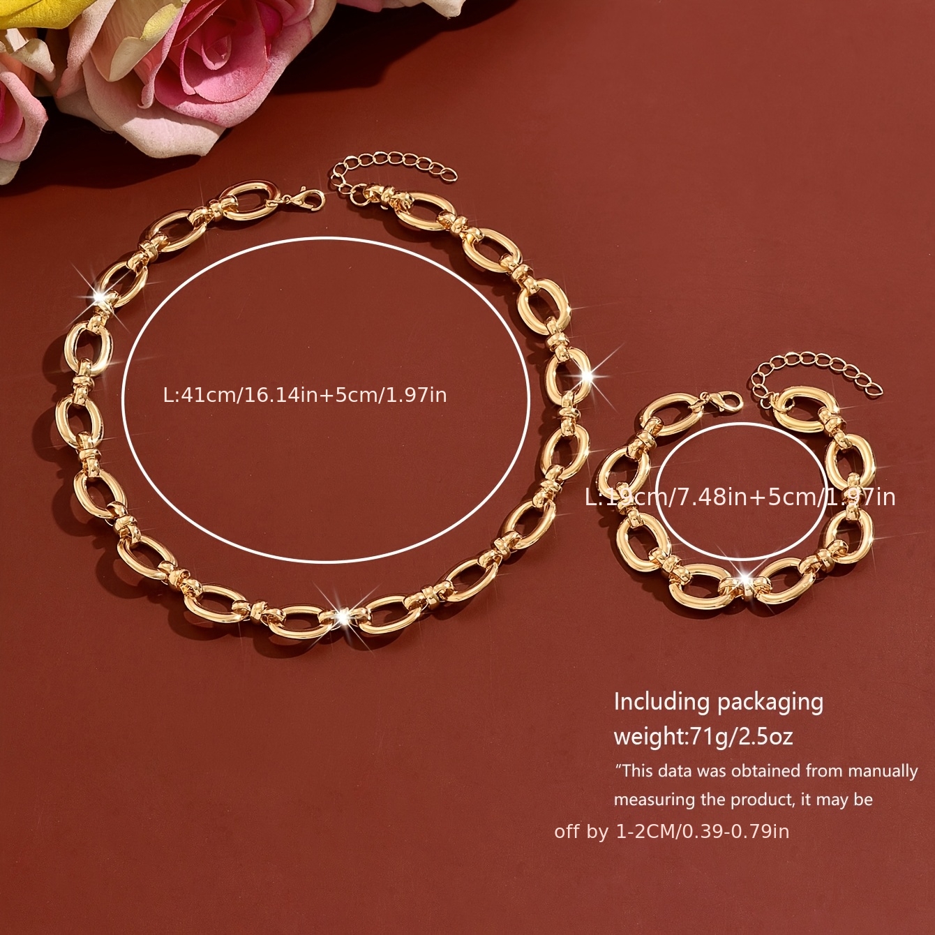 2pcs Large Oval Flat Ring & Thick Chain Necklace Bracelet Jewelry Set