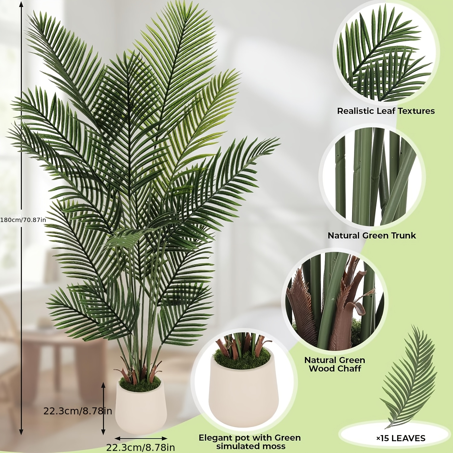 TEMU Artificial Palm Tree 150/180cm, 13/15 Dark And Light Green Leaves, Reinforced White Pot With Artificial Leaf Sheath, And Deceptively Realistic,