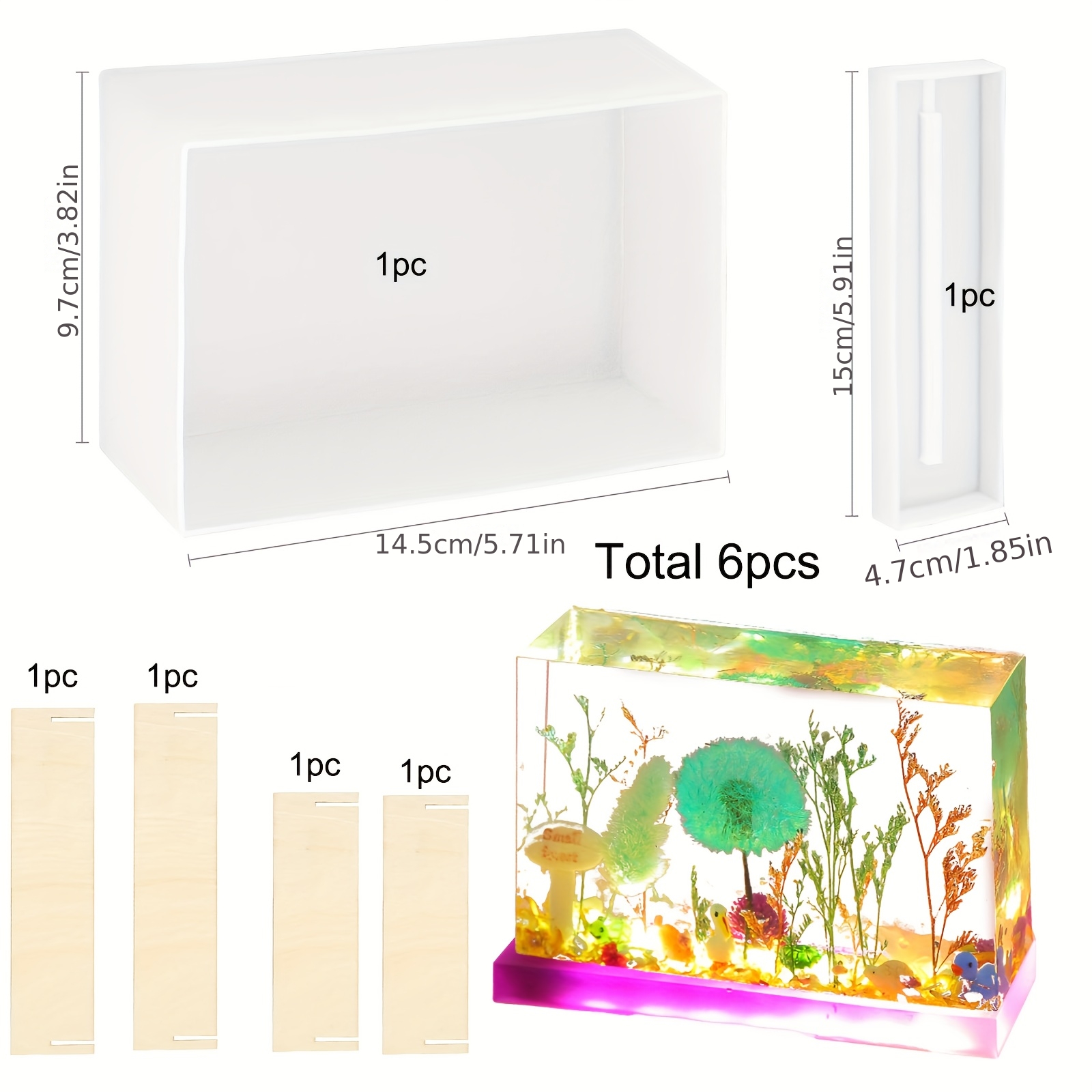 E-shop 6-teiliges rechteckiges Nachtlicht-Silikonform-Set – 1x quadratische Silikonform + 1x Sockel-Silikonform + 4x Holzständer, Epoxidharz-Form für